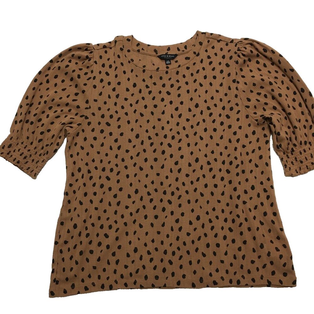 Lucky Brand Tan Puff Sleeve Polka Dot Blouse